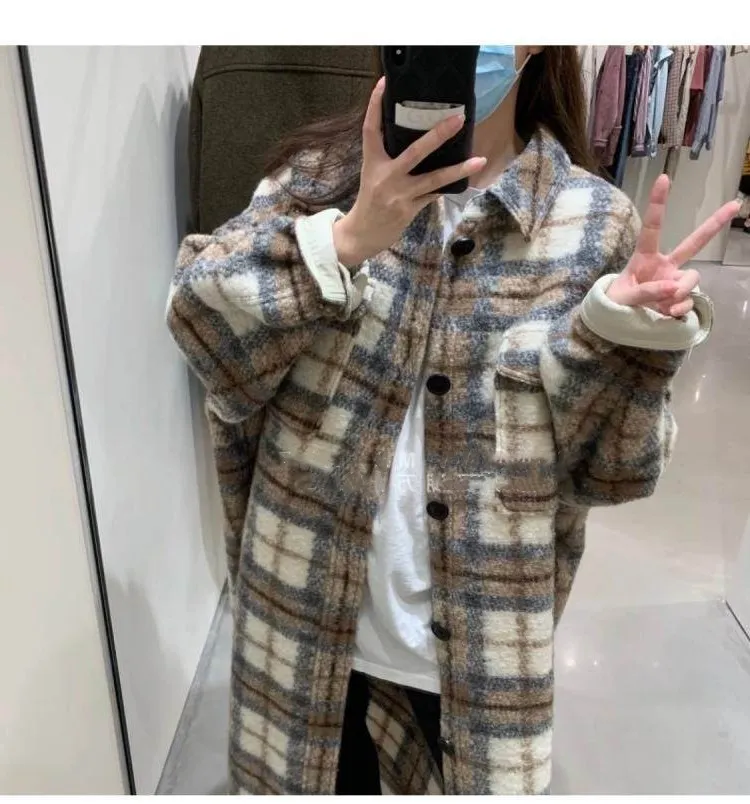 

2020 Winter Korean Style Overcoat Women Vintage Lattice Woolen Loose Coats Female Turn-Down Collar Loose And Warm Overcoat