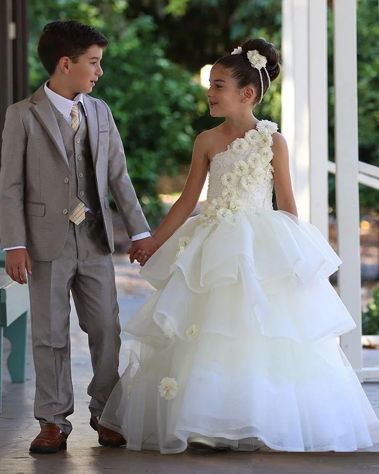 Детское кружевное платье на одно плечо с цветочным рисунком для девочек