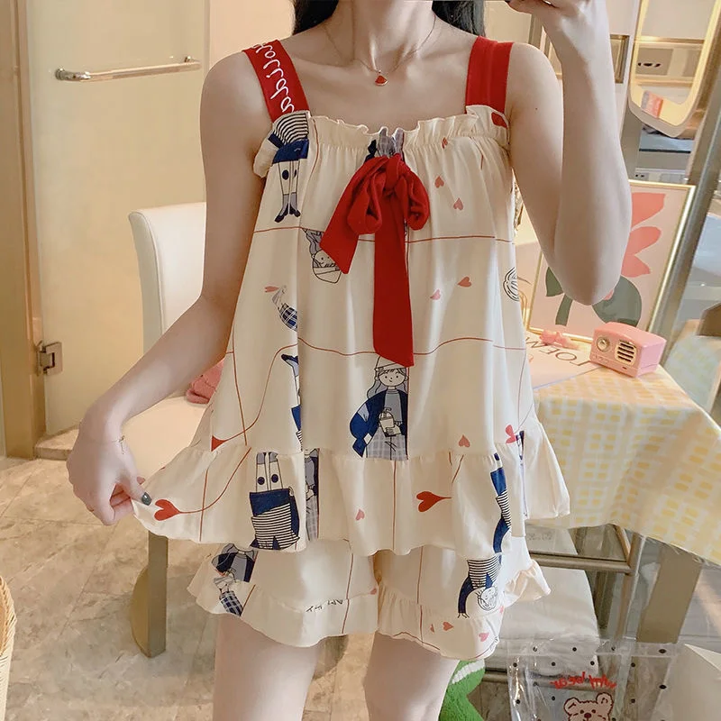 

Pajama Sets Women Comfortable Summer Chic Sexy Spaghetti Strap Girls Sleepwear Sweet Printed Trendy Womens Two Piece Nightwear