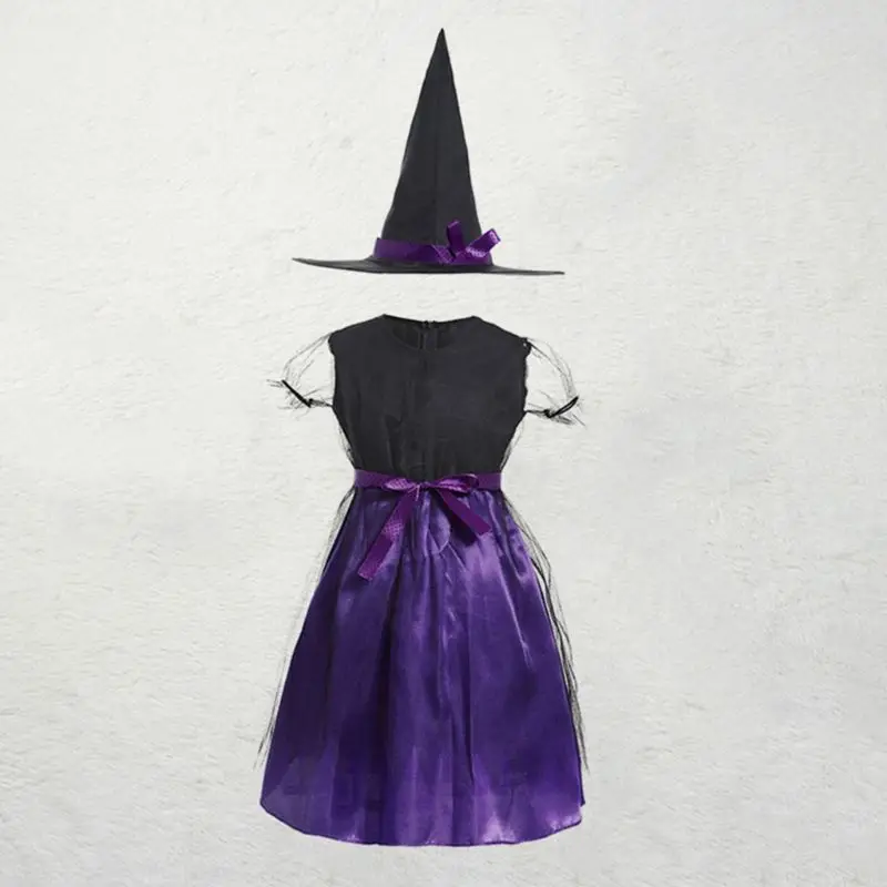 

Children Halloween Costume Witch Cosplay Bowknot Dress Hat Simulation Flower Masquerade Party Role Play Kids Clothes