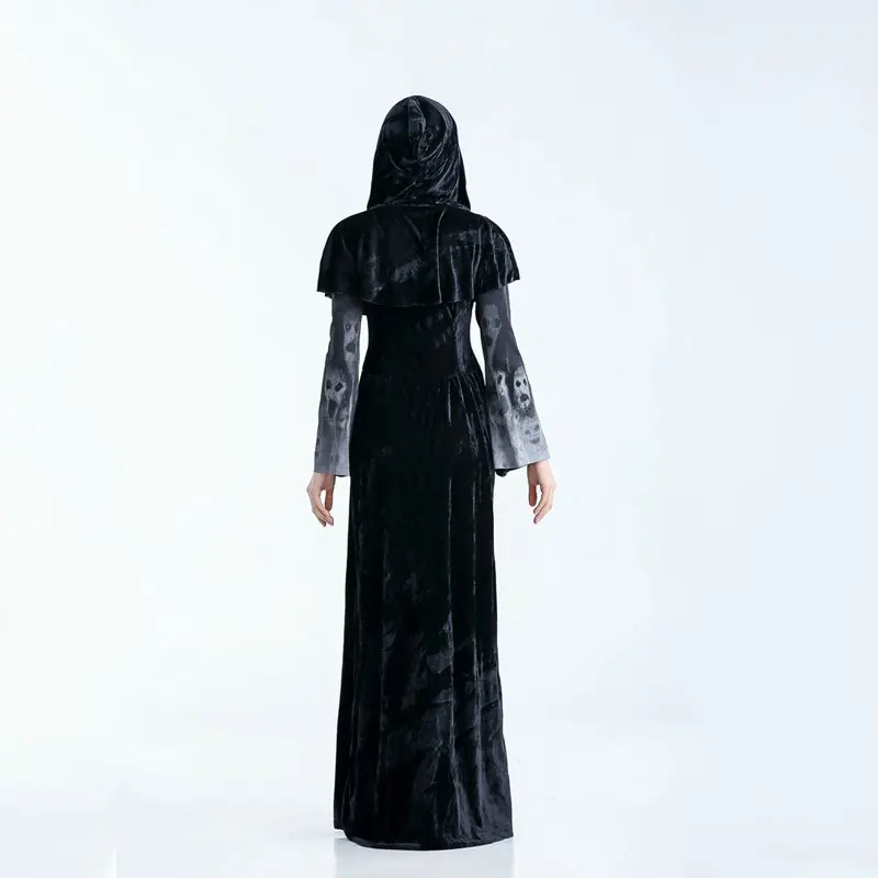

Witch Cosplay Dress Frenulum Ghost Printed Mysterious Vampire Bride Role Playing Party Masquerade Women Long Dress With Cap