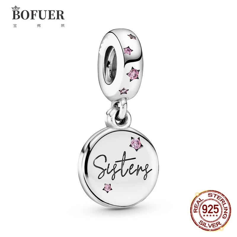 

BOFUER Hot Sale Fit For 925 Sterling Silver Original Charms Women Authentic Sister Bead Pendant Charms Pandora DIY Jewelry 553B