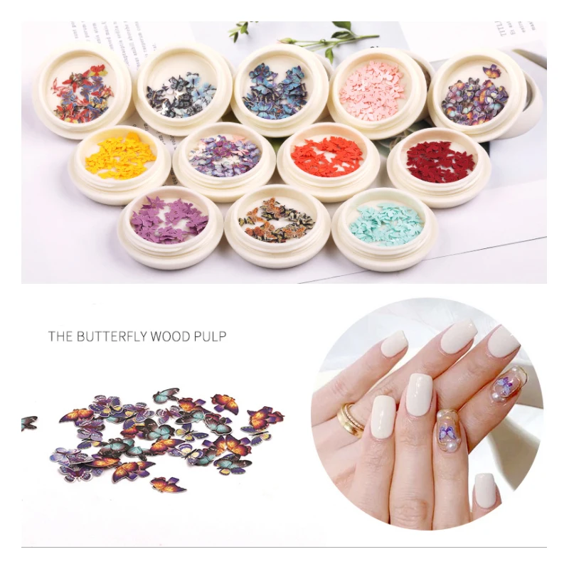 

1 Box 50Pcs Mixed Color Handmade Wood Pulp Three-dimensional Butterfly Nail Stickers Nail Art Butterfly Color Film Nail Jewelry