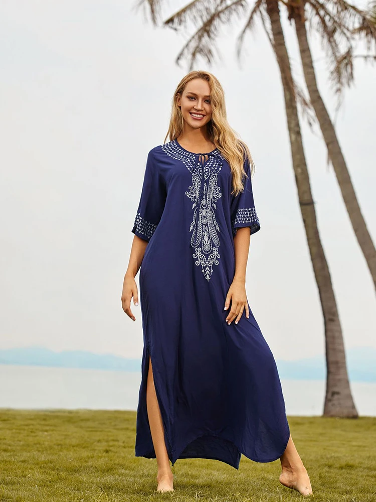 

Embroidery Cotton Kaftan Beach Cover-Ups Overszie Robe De Plage Tunic Women BeachWear Swim Suit Cover Up Loose Side Slit Dress