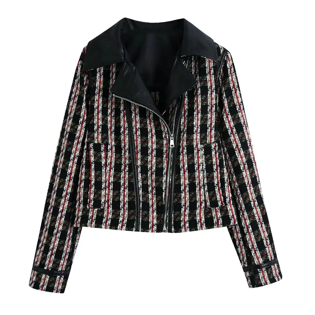 

2021 Winter Fashion Elegant Turn-down Collar Zipper Striped Woollen Crop Coats and Jackets for Women