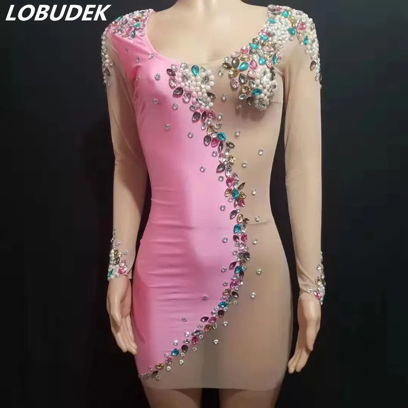 Большие стразы жемчужно розовое Сетчатое Короткое мини платье вечерние цельные