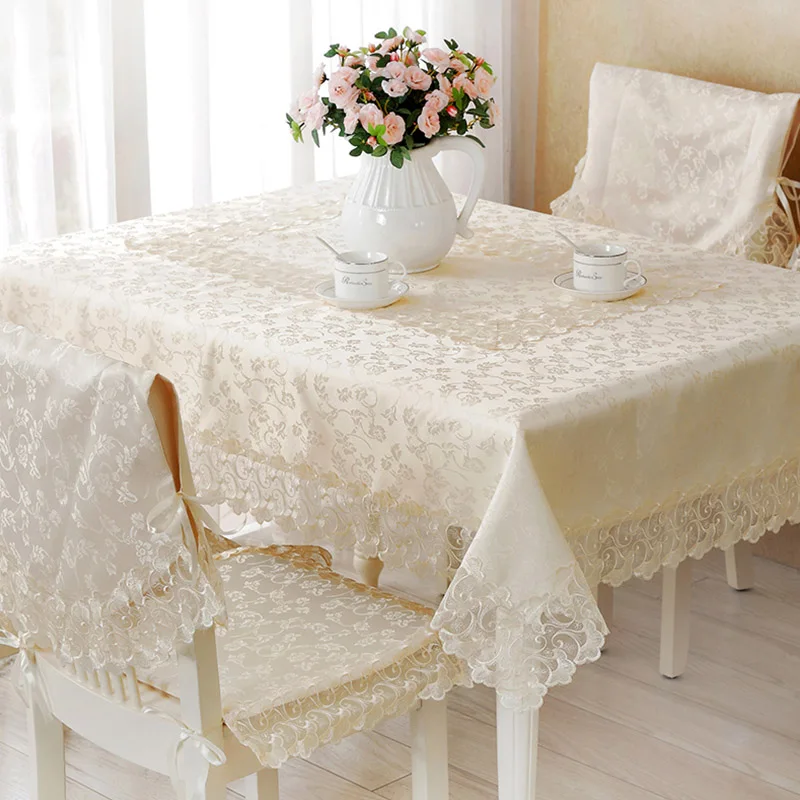 

Rectangle jacquard tablecloth, champagne satin with voile embroidery lace table runner cover for wedding