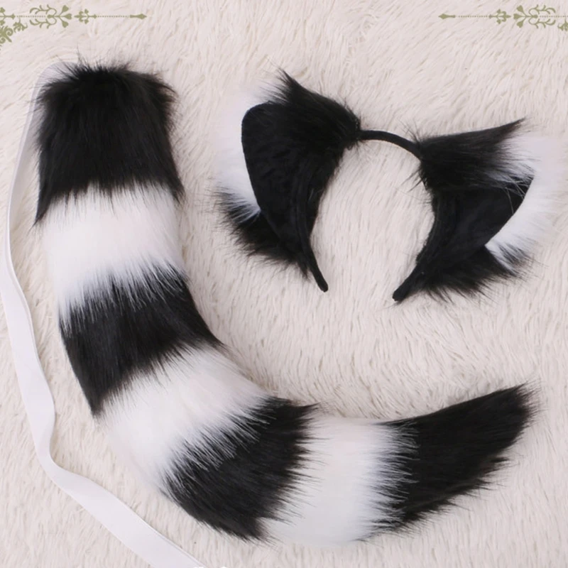 2 Pcs Realistic Furry Cat Ears Headband Tail Set Contrast Color Fluffy Plush Striped Animal Cosplay Costume Accessories | Тематическая