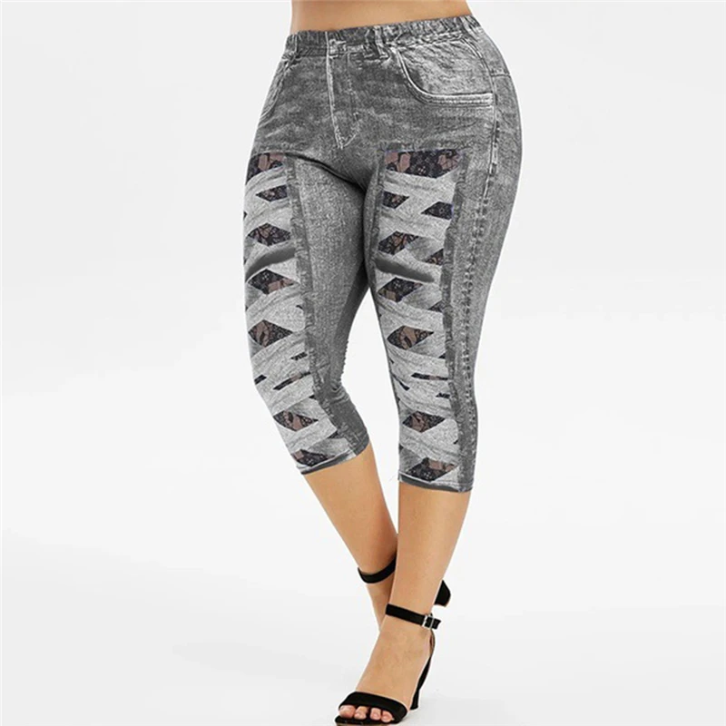

Print Short Legging Women Jeggings Perfect Fit Jeans Leggings High Waist Elastic Capri Leggins Pants Summer False Denim