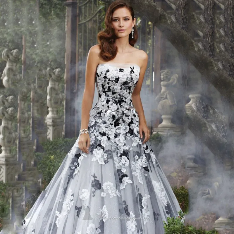 

fashion Charming A-Line Strapless Black And White Wedding Dress Flower Lace Appliqued Beaded Bridal Gown trouwjurk
