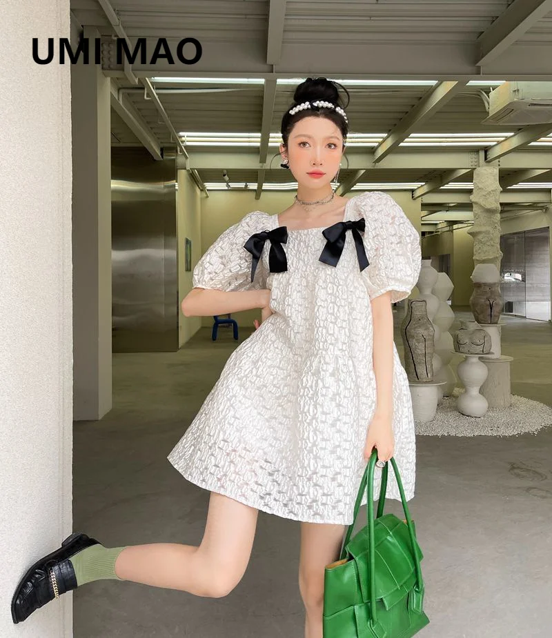

UMI MAO с коротким рукавом свободное платье с квадратным вырезом для женщин 2021 лето новый оригинальный дизайн с точки зрения пышное платье при...