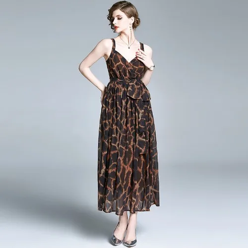 

2020 Fashion Elegant Beach Vacation Dresses Beauty Leopard Printing Dress Sexy Women's Spaghetti Strap Summer Ribbon Wear Dress