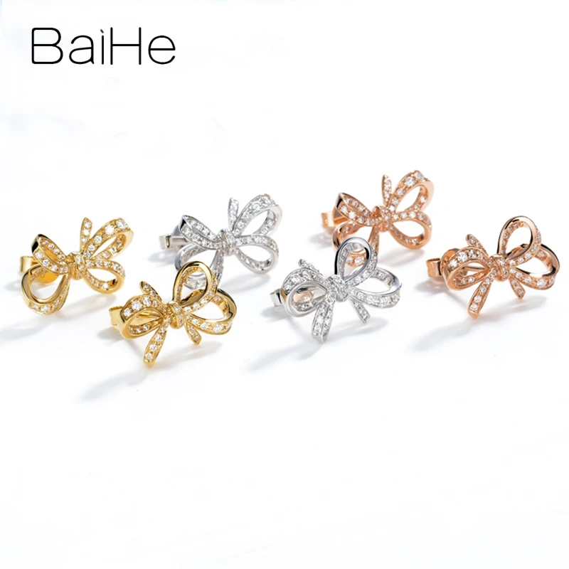 BAIHE Твердые 14 к желтое золото 0.32ct H/SI натуральные бриллианты свадебные женские модные ювелирные украшения красивый бант серьги-гвоздики с бриллиантами