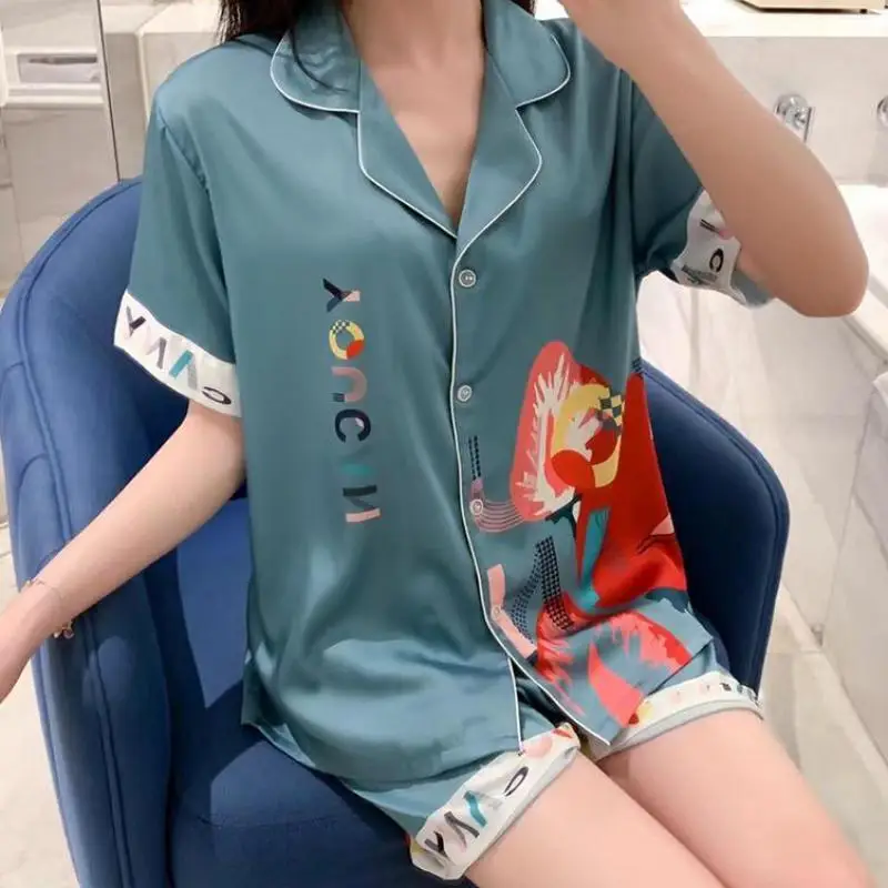 

Summer Print Pajamas Set Short Sleeve 2PCS Sleepwear Women Silky Sleep Set Femme Pijamas Suit Casual Loungewear Home Clothes
