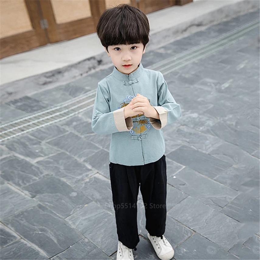 Китайский топ Детский костюм Тан винтажная одежда с вышивкой дракона для девочек