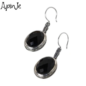 Apinje Vintage 925 Sterling Silver Earrings Agate Stone Earrings Fashion Women Jewelry