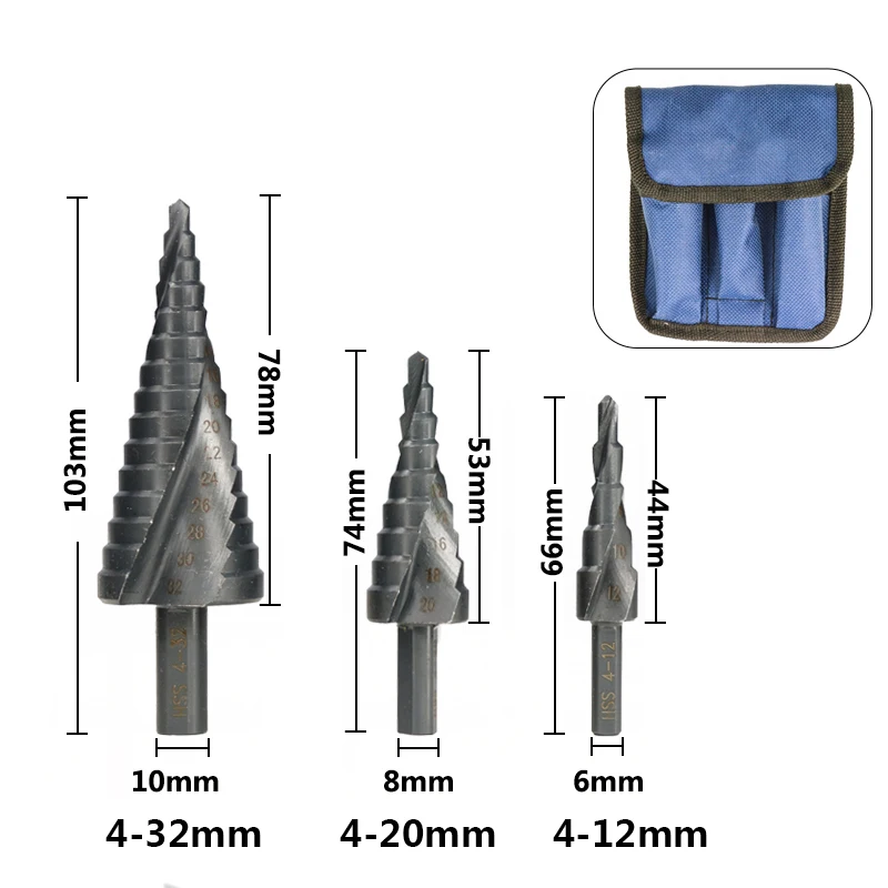 3PCS With Bag 4-12 20 32 мм 6-30 мм спиральное ступенчатое конусное сверло треугольное ступенчатое сверло набор HSS отверстие резак дерево/металл нитридное покрытие сверло - Цвет: 3PCS With Bag