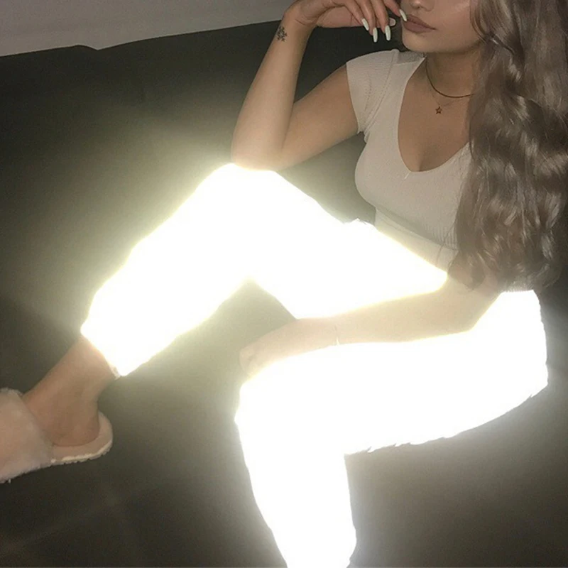 Flash reflective jogger pants women casual gray solid streetwear trousers hip hop dance show party New | Женская одежда
