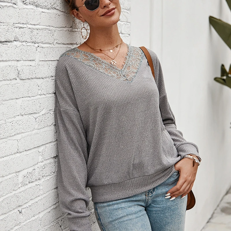 

Autumn/Winter Women's Knitwear 3XL-7XL Sexy V-neck Long Sleeve Fashion Lace Thin Pure Color T-shirt Bust 132CM