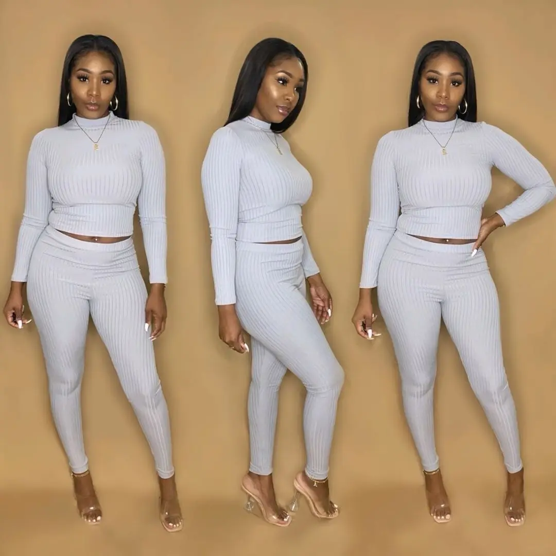 

Solid loungewear two piece outfits Knitted woman tshirts+sweatpants white outfits lounge set Fall 2020 women joggers suit sets