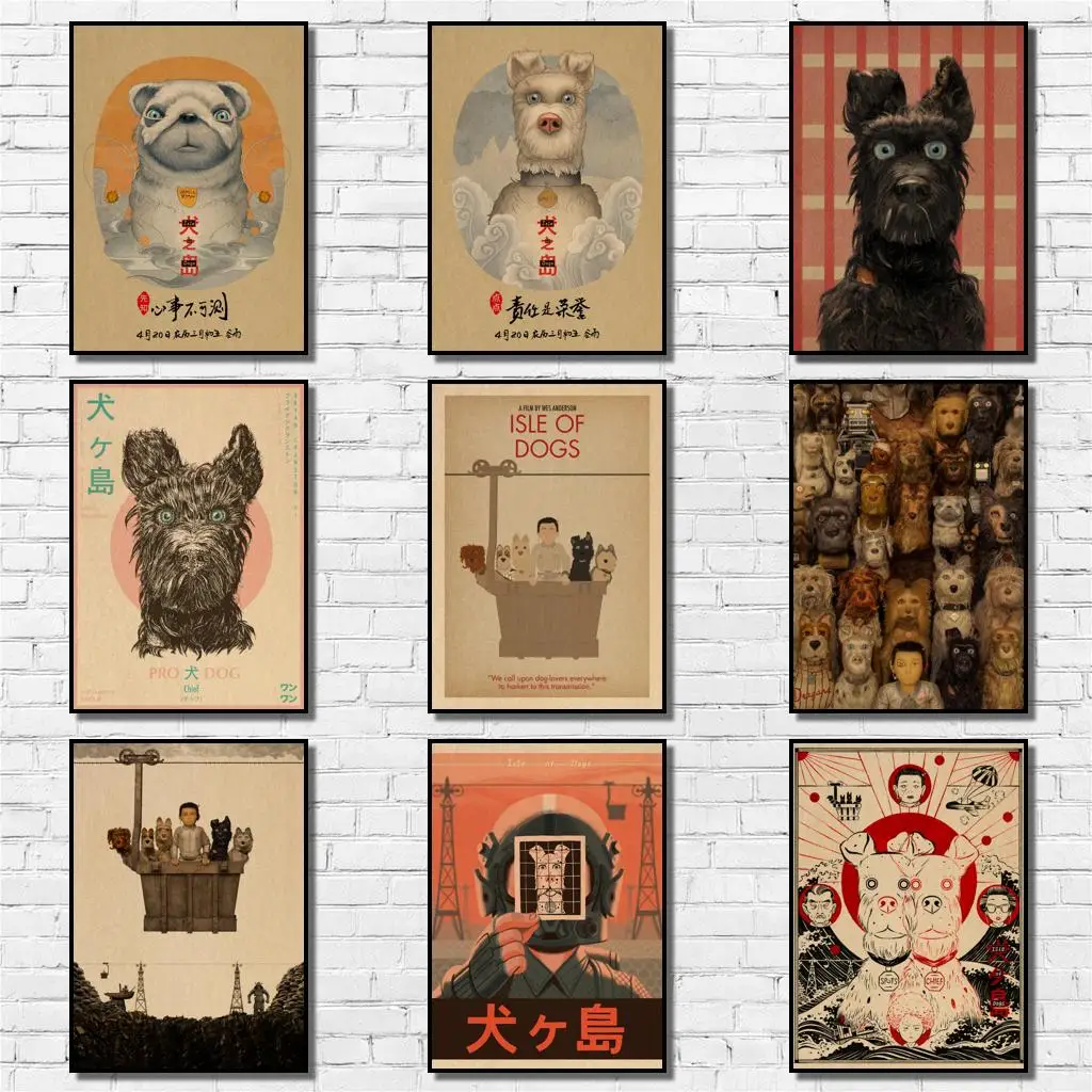 50 Designs Wes Anderson Movie Isle of Dogs Kraftpaper Poster Artwork Fancy Wall Sticker for Coffee House Bar