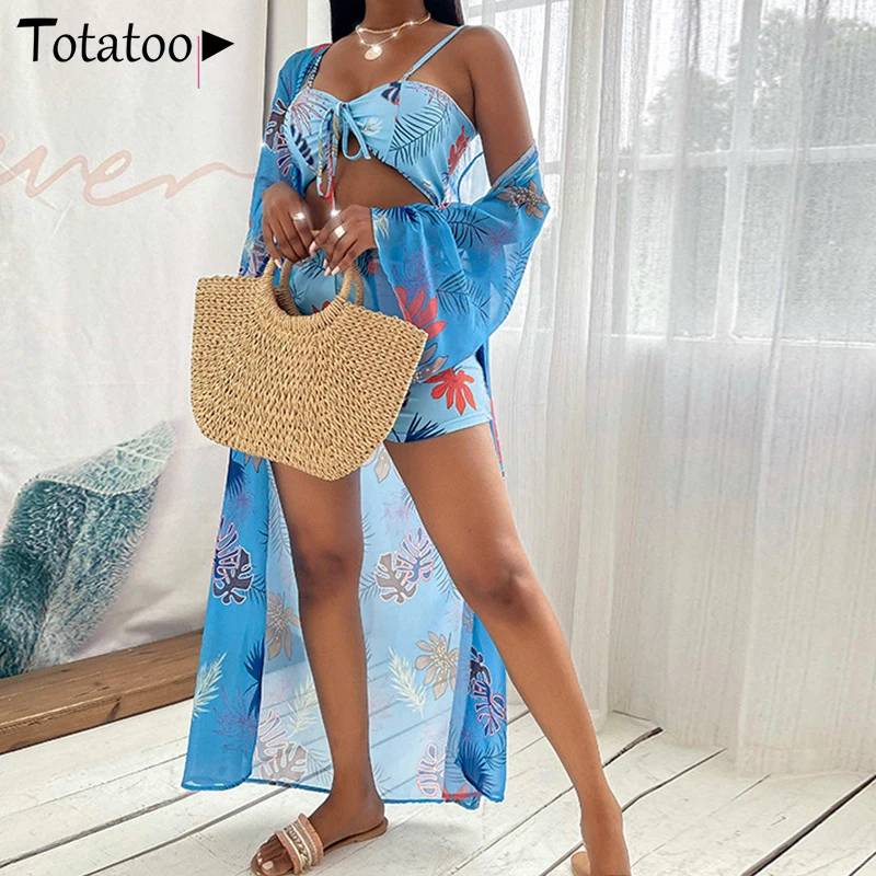 

Totatoop Sexy 3 Piece Set Bikini Strap Crop Top+Shorts+Cover Up Women 2021 Summer Floral Print Chiffon Bathing Suit Beach Suit