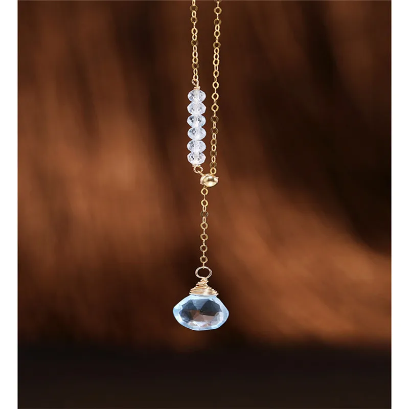 

DAIMI Sky Blue Water Drop Topaz Pendant Female gemstones Genuine Yellow 18K Gold Y-shaped Necklace