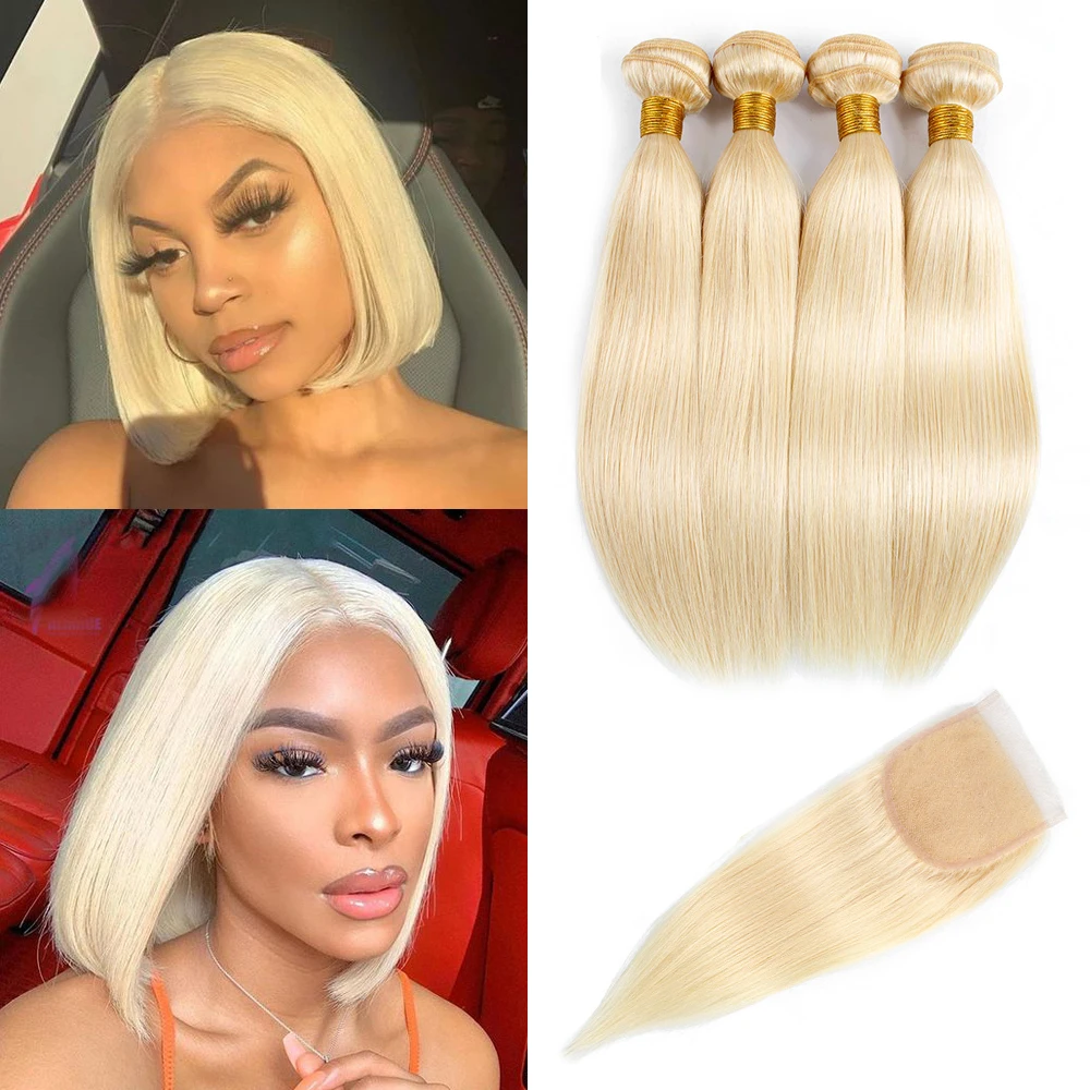 50g/pc 4 Bundles with 4x4 Lace Closure Straight Remy Human Hair Short Bob Style #613 Platinum Blonde 10-16 inch BOBBI COLLECTION