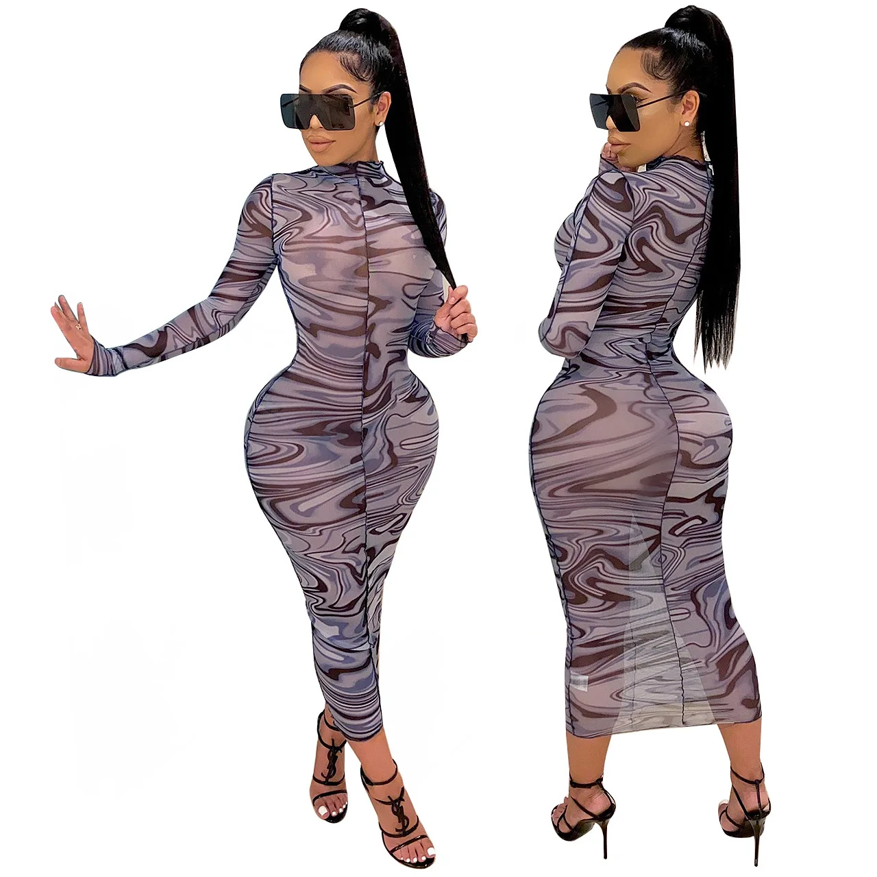 

Autumn Winter New Women Print Long Sleeve Pleated Tight Bandage Elegant Party Maxi Dress