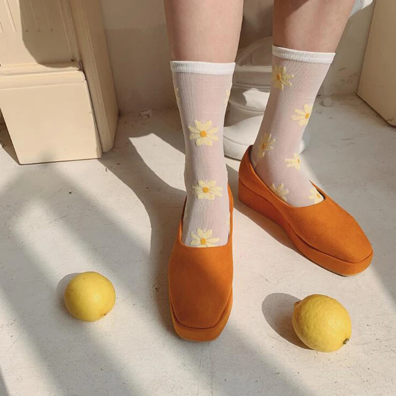 

Fashion Daisy Thin Socks Women Flower Long Silk Socks Knee Femme Spring Summer Funny Socks Ankle Streetwear Calcetines Mujer
