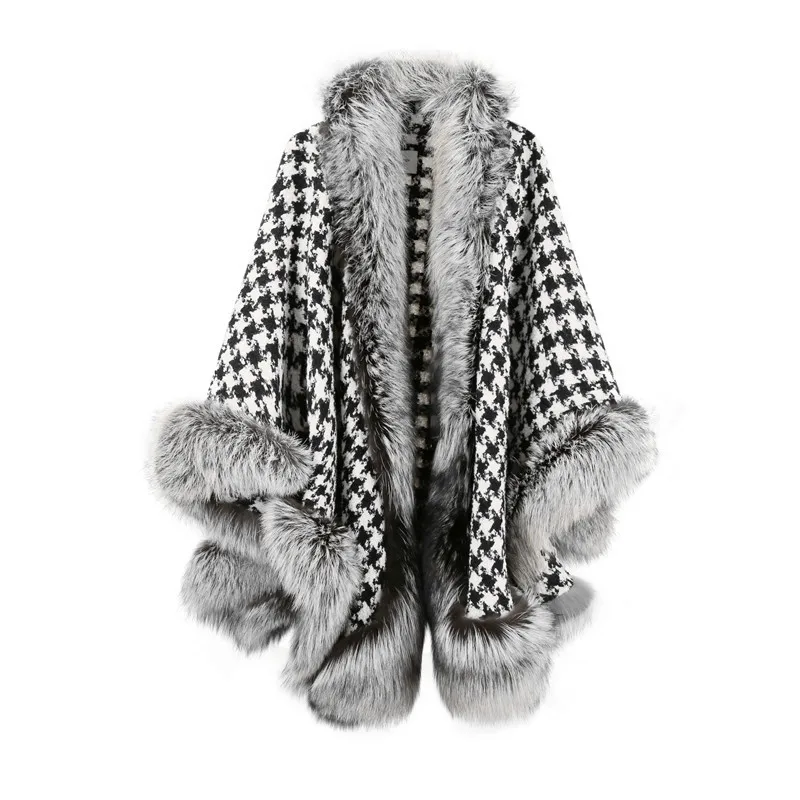 

2021Autumn Winter Imitate Silver Fox Fur Oversized Fur Collar Houndstooth Woolen Jacket Korean Shawl Scarf Cloak Fur Coat Female