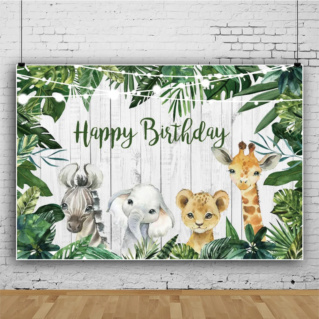 

Laeacco White Wooden Boards Jungle Safari Happy Birthday Party Baby Portrait Customized Banner Photo Background Photo Backdrops