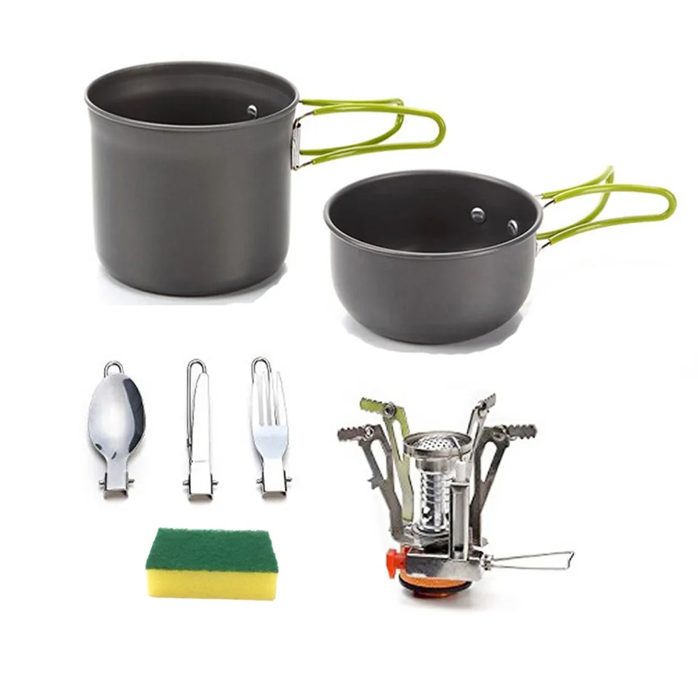 

Outdoor Pot Mini Gas Stove Cookware Picnic Set Bowls W/ Foldable Fork Spoon Small Cap Net Bag For Fishing Hiking Hunting Travel