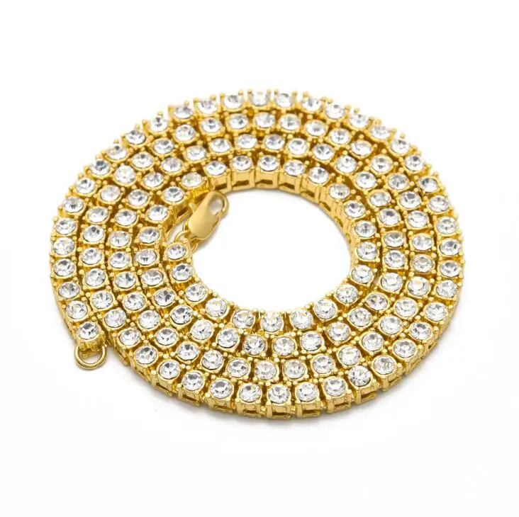 Gold Necklace 5 мм мужские хип-хоп шикарные теннисные цепочки, 1 ряд, ожерелье из горного хрусталя, серебро, золотой цвет, цепочка, ожерелье, браслет - Окраска металла: Gold Necklace