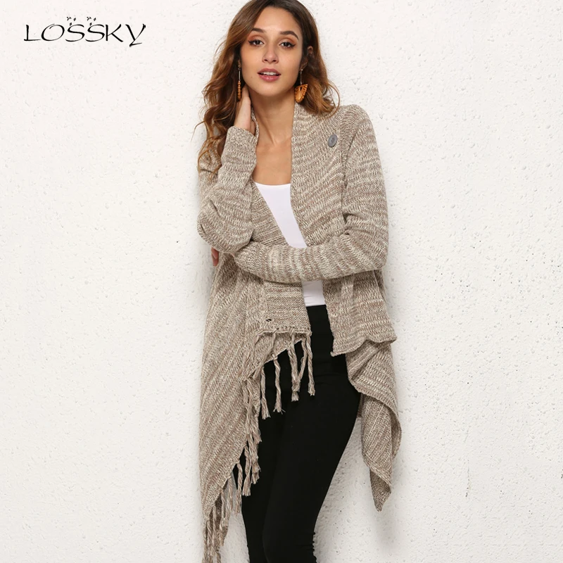 Lossky Sweaters Top Women Autumn Winter Long Sleeve Knitwear Tassel Shawl Coats Black Ladies Loose Cardigan Jackets 2019 |