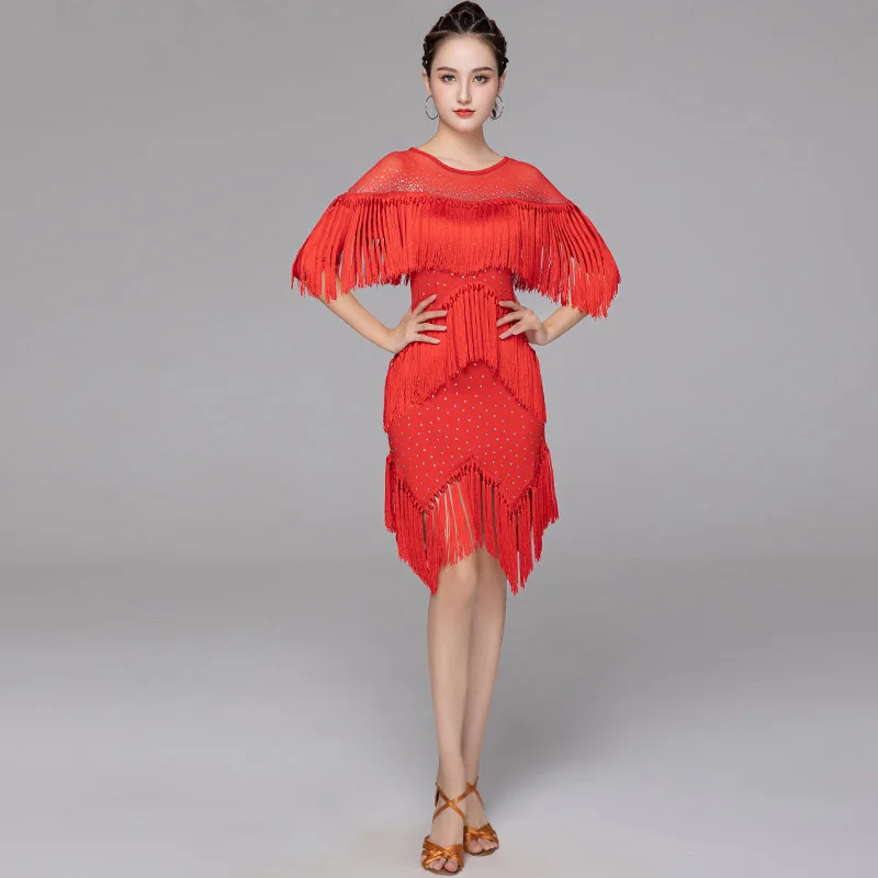 

Latin Dance Dress Female Long Sleeve Rhinestone Fringe Practice Clothing Latin Competition Dress Samba Tassel Clothes