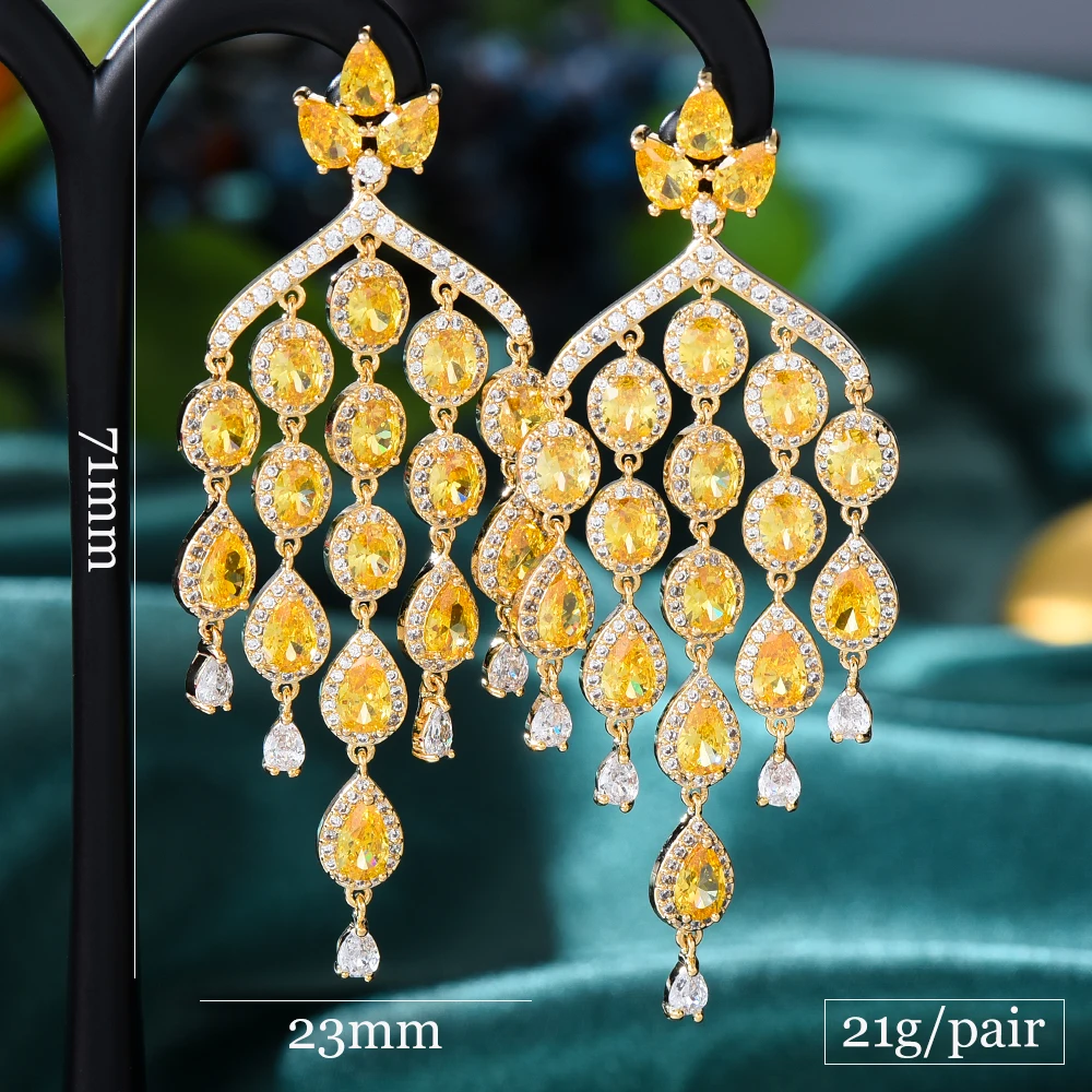 

missvikki Famous Brand Tassel Statement Drop Earrings For Women Wedding Party Bohemia pendientes mujer moda 2021 Yellow CZ Maxi