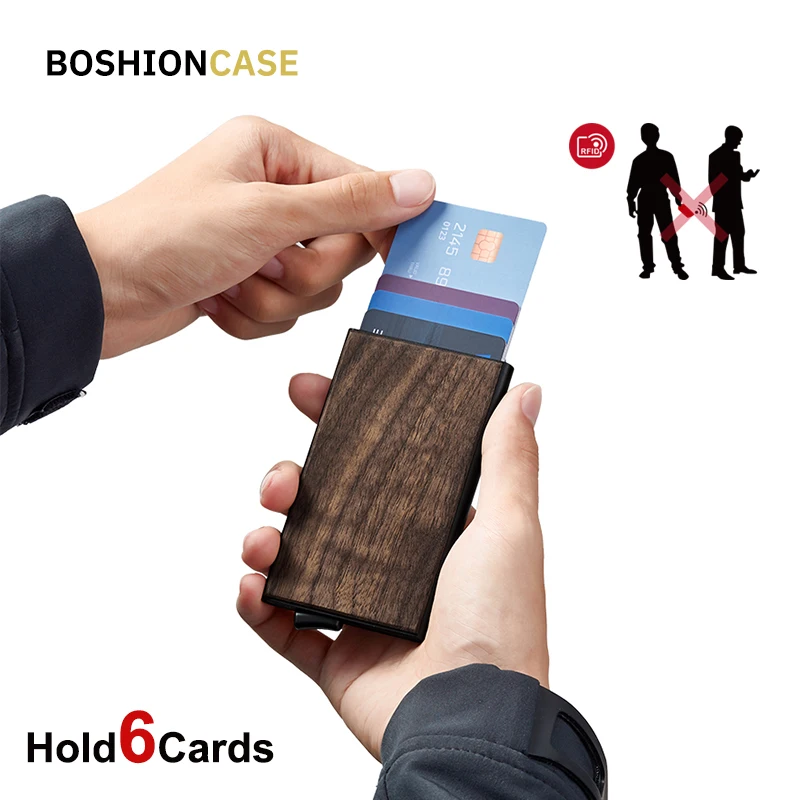 

BOSHIONCASE Wallet Slim with Bamboo Wood Rfid Protector Aluminum Automatic Card Holder Fashion Pop Up Metal Case Tarjetero