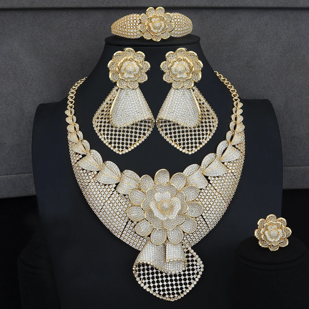 

KellyBola Bridal Elegant Big Flower Necklace Bracelet Earring Ring Jewelry Sets Cubic Zirconia For Woman Wedding Engagement