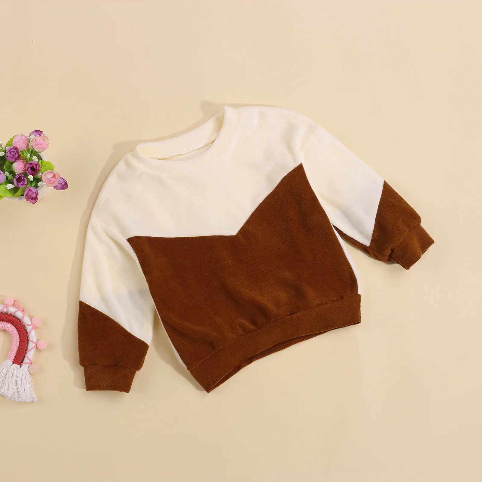 

Children's Clothing Loose Casual Color Block Stitched Long Sleeve Plush Pullover Toddler Girls Boys Spring Fall Winter Clothing
