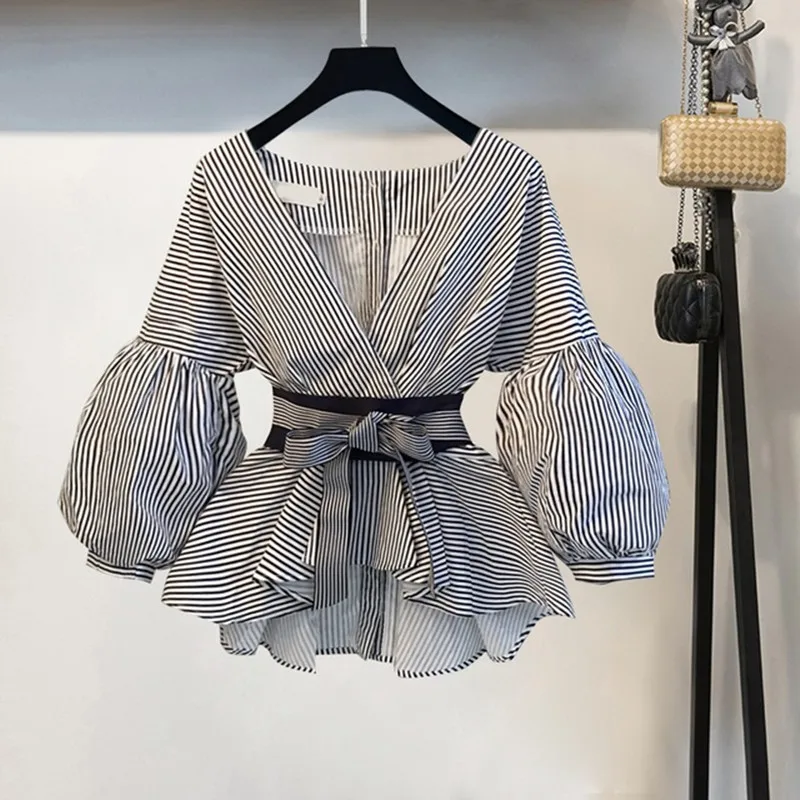 

Lantern Sleeve Blouse Shirt Women 2021 Fashion Korean Style Summer Bow V-neck Striped Shirt Elegant Ladies Tops Female Clothing