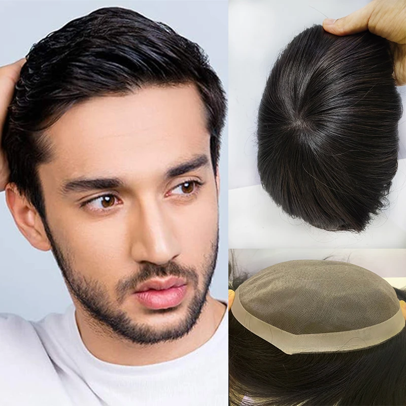 6Inch Fine Mono Toupee Human Hair Wig with Natural Hairline Toupee Human Remy Hair System Men Hairpiece Black Straight Hair