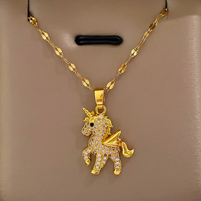 Милое животное единорога кулонное ожерелье для женщин Золотая нержавеющая стальная цепочка Вечеринка Женские украшения.