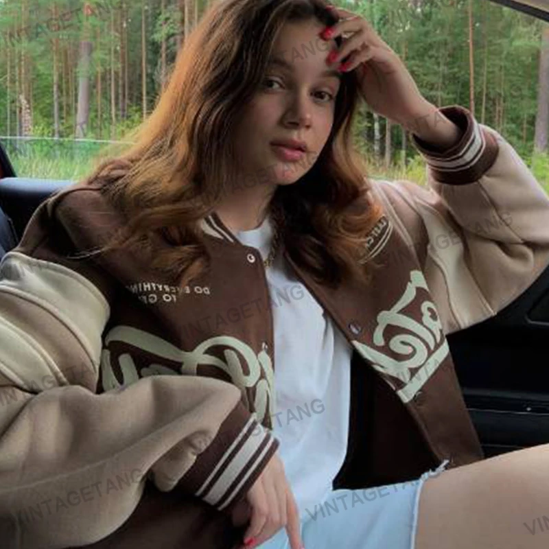 

B-TOTO 2021 New American Retro Dark Coffee Color Letter Printed Baseball Jacket Female Tide Ins Autumn And Winter Jacket