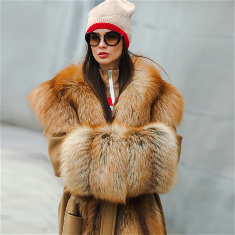 Winter Fashion Cashere Coat With Long Fox Fur Collar High Street Woman Genuine Fox Fur Wool Blends Coats With Belts Overcoats