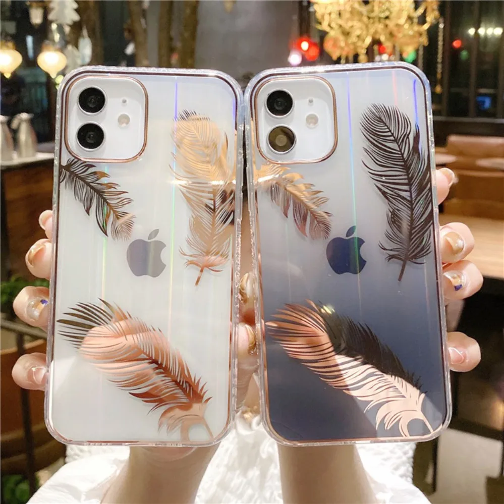 

lovely Aurora Laser Feather for iPhone 12 Pro Max Mini Iridescent Gradient iPhone case Japan Korea French Spain USA