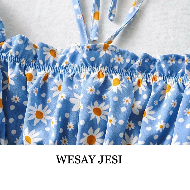 

WESAY JESI 2021 Summer Floral Print Puff Sleeve Chiffon Blouse Shirts Women Short Holiday Lace Up Halter Crop Tops Streetwear