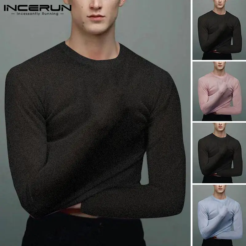 

INCERUN New Mens Mesh Transparent T-Shirt 2021 Summer Sexy See-through Short Sleeve Tshirt Men All-match Simple Tops Tee S-5XL