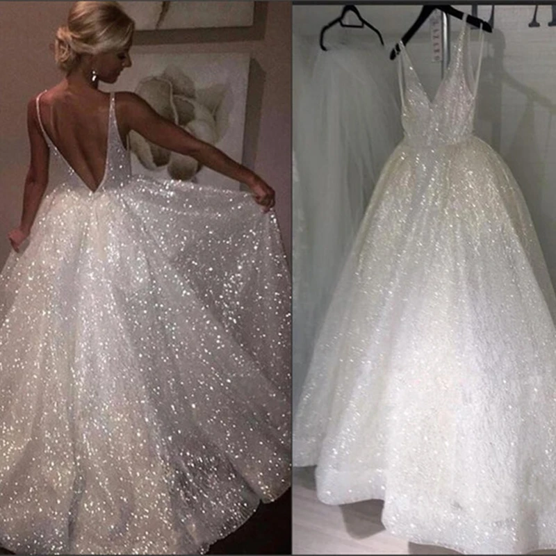 

Beach Glitter Wedding Dresses 2021 V Neck Backless Party Bride Dresses Vestido De Noiva Gelinlik Arabic Mariee Shiny Casamento