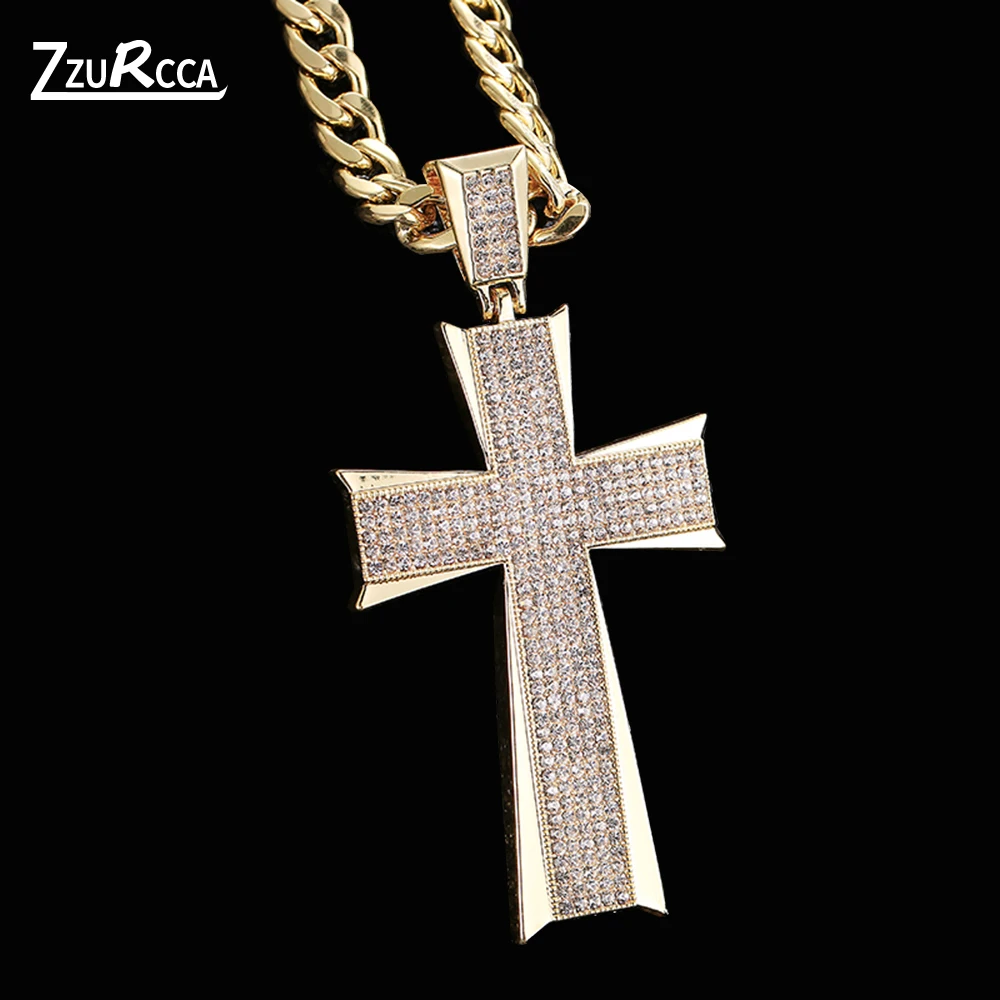 

Iced Out Large Cross Pendant Necklace Cuban Chain Gold Color Necklace for Women Charm Gift collares para mujer
